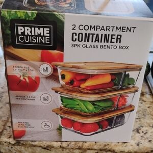 Prime Cuisine 2-Compartment Glass Bento Boxes with Bamboo Lids - Clear (3-Pack)